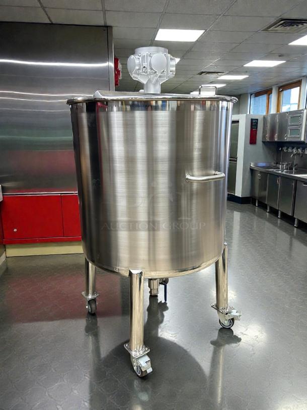Like new USA Lab 300L ASME certified mixing solvent tank, stainless steel, on casters, visible lid and valve.
