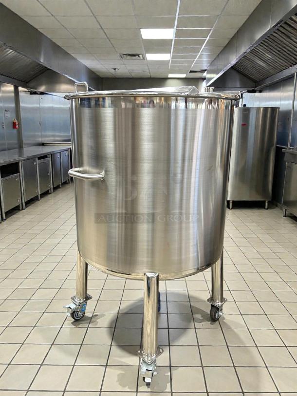 Like new 300L USA Lab mixing solvent tank, ASME certified, stainless steel, wheeled, with lid and side handles.