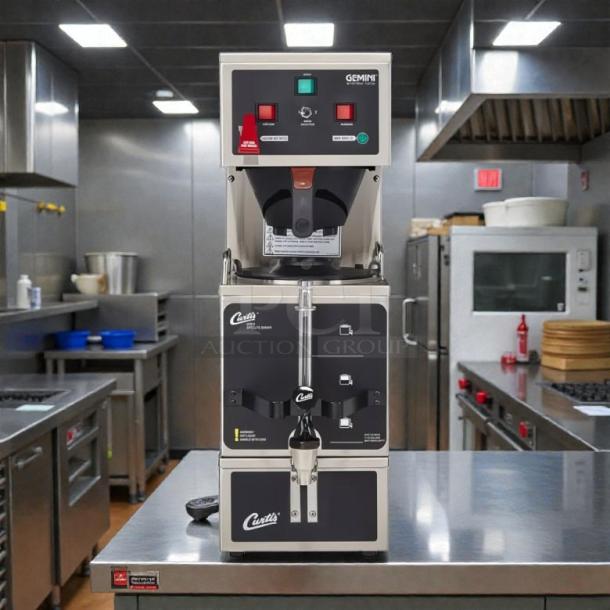 Curtis GEM-120A-63 Automatic Coffee Brewer with lower warmer, hot water faucet, tested and working, in kitchen setting.