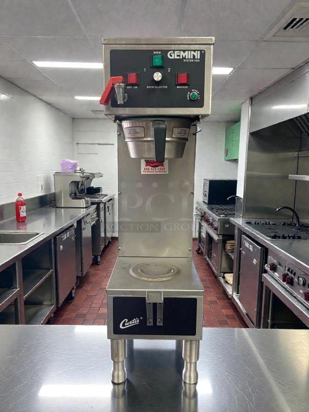 Curtis GEM-120A-63 automatic coffee brewer with lower warmer, hot water faucet, and controls; tested, working, 120v.