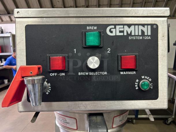 Curtis GEM-120A-63 automatic coffee brewer with controls, lower warmer, and hot water faucet; tested and working.