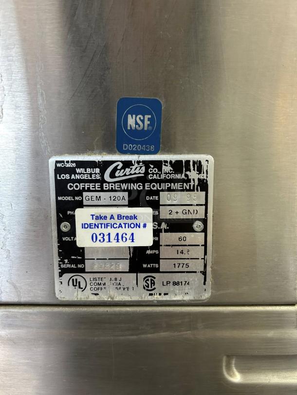 Curtis GEM-120A-63 coffee brewer, featuring lower warmer and hot water faucet, NSF-certified, model label visible.