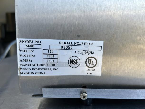 Wisco 560E Pizza Oven label showing model 560B, 120V, 1700W, NSF and UL listed, made in China.