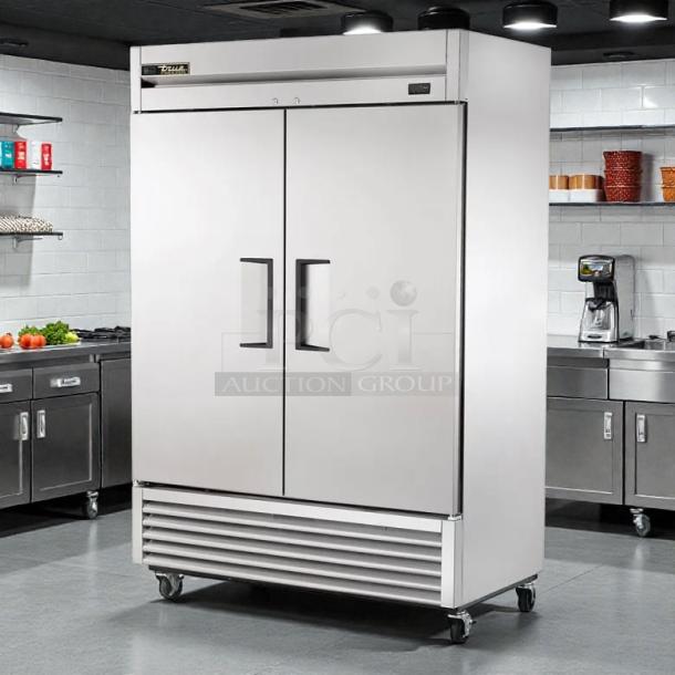 True T-49F-HC two-section reach-in freezer, excellent condition, dual solid doors, 54 1/8" wide, 115v, tested and working.