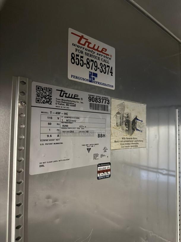 True T-49F-HC freezer label; excellent condition, 115v, made in USA. Includes service number and serial 9083773.