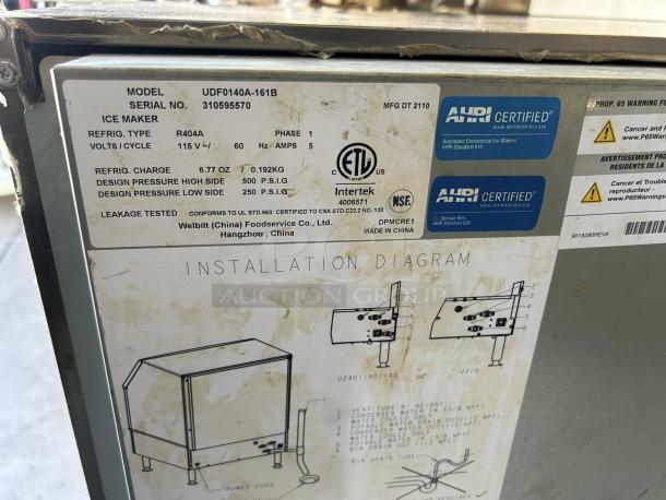 Manitowoc Ice UDF0140A ice machine label, showing model, serial number, certifications, and installation diagram.