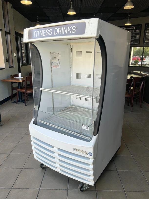 Beverage-Air BZ13HC-W 30" vertical open air cooler, 3 levels, tested, working, great condition, fitness drinks label.
