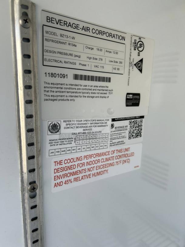 Beverage-Air BZ13HC-W cooler label detailing model, refrigerant R134a, electrical ratings, and indoor use specifications.