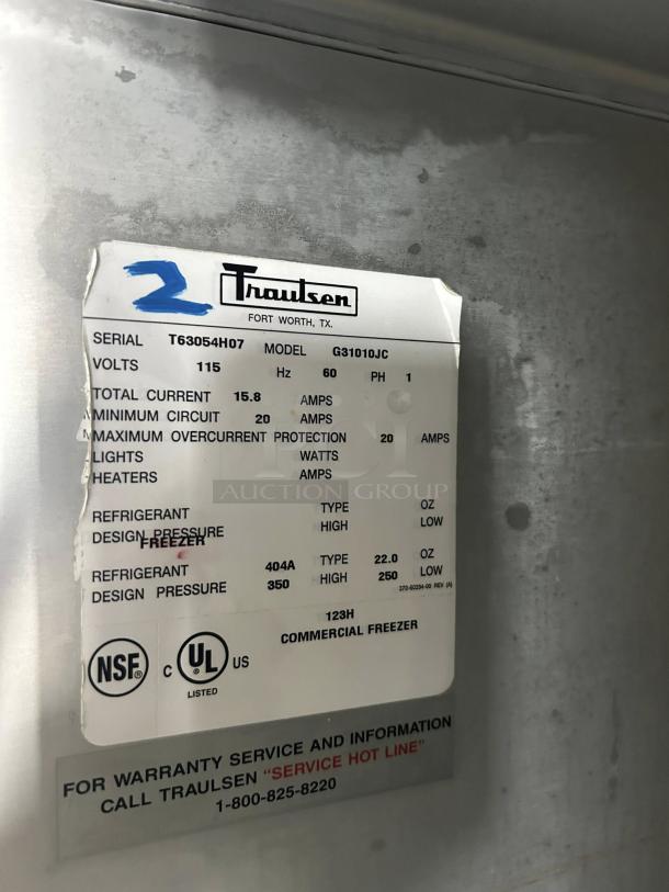 Traulsen G31010 77" G Series Solid Door Reach-In Freezer, tested and working, with serial and electrical specifications label.