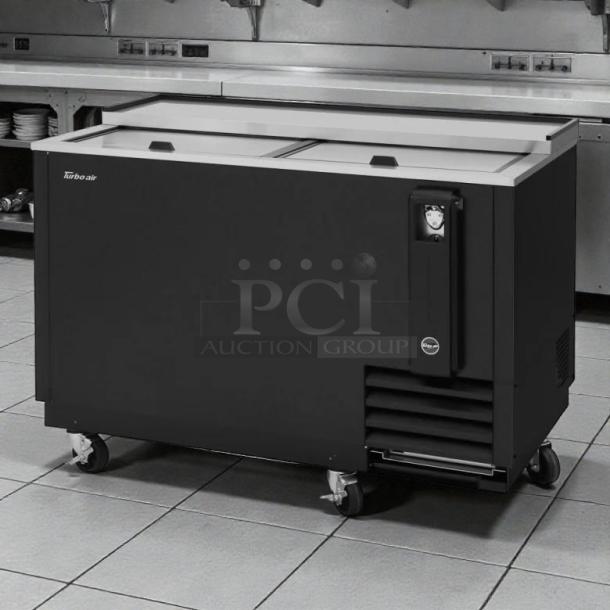 Turbo Air TBC-50SB-N6 50" black forced air bottle cooler, holds 432 bottles, tested and working, on casters, 115v.