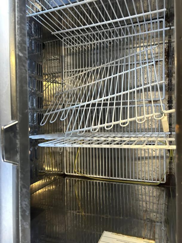 Turbo Air TBC-50SB-N6 bottle cooler, interior view, wire shelving, clean condition, tested, holds 432 bottles, 115v.