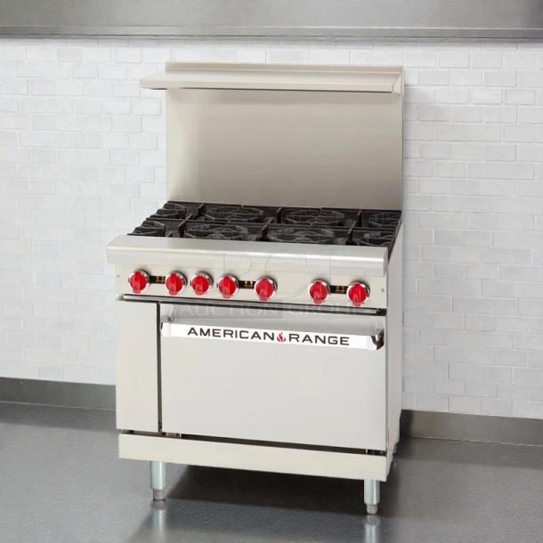 American Range AR-6-C 36" gas 6-burner range with convection oven, excellent condition, tested and working, red knobs.