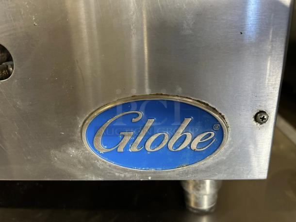 Globe GG48G 48" natural gas griddle with manual controls, stainless steel finish, visible Globe logo, tested and working.