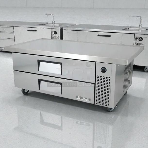 True TRCB-52-60-HC 60" Chef Base, stainless steel, 2 drawers, excellent condition, tested and working, 115v.