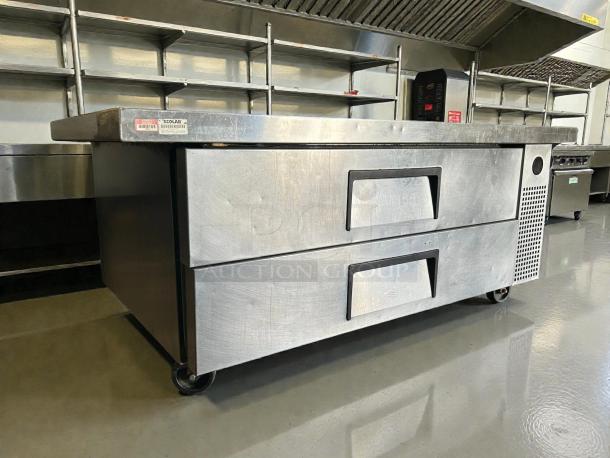 True TRCB-52-60-HC 60" chef base in excellent condition with two drawers, stainless steel, tested, 115v working unit.