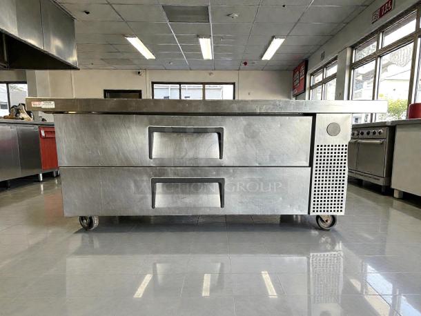 True TRCB-52-60-HC 60" Chef Base with 2 drawers, excellent condition, stainless steel, tested and working, on casters.