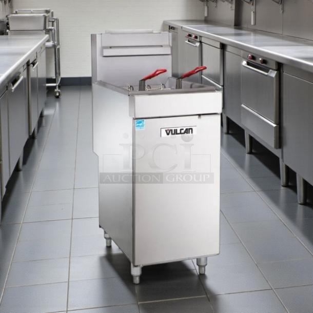 Vulcan 1VEG35M-1 natural gas floor fryer, 35-40 lb. capacity, stainless steel, great condition, tested and working.