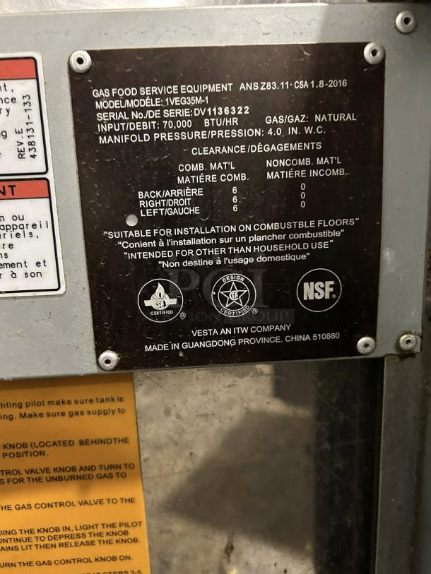 Vulcan 1VEG35M-1 natural gas floor fryer label, 70,000 BTU/hr, serial DV1136322. Great condition, tested and working.