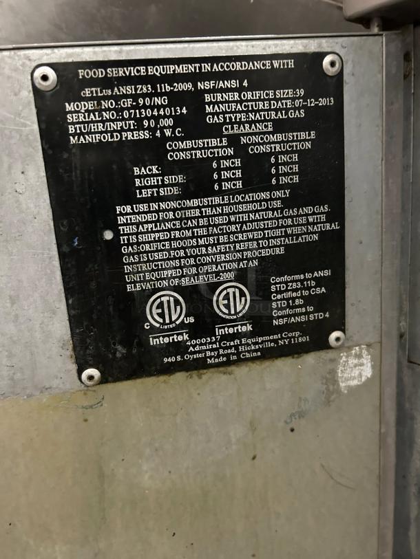 Black Diamond BDGF-90 gas fryer panel, model and safety details visible; excellent condition, 40 lb vat, propane-compatible.