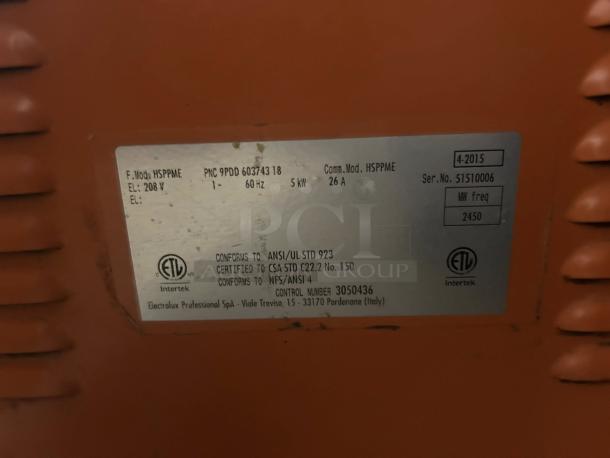 Electrolux Professional HSPPME Panini Grill, Model 603743, tested, ETL certified, 208V, 60Hz, 26A, serial 51510006.