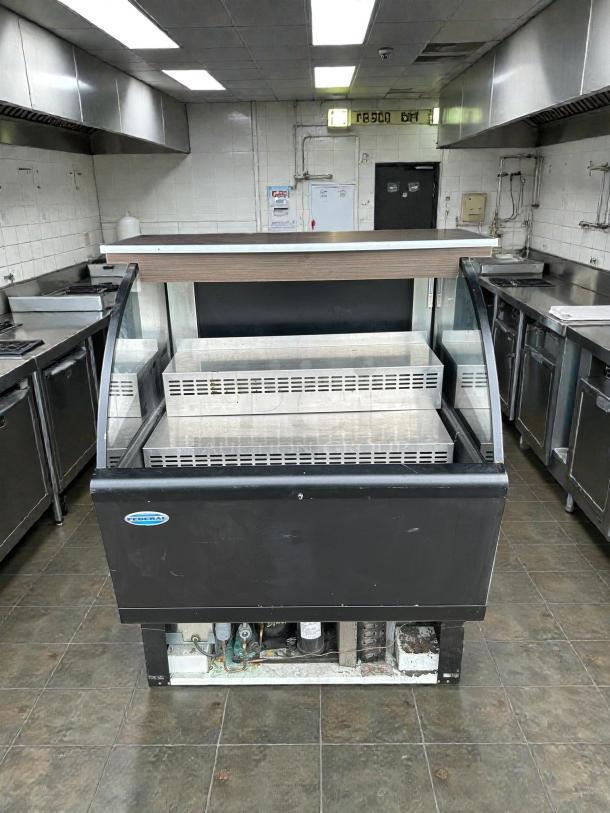 Alt text: Federal Industries LPRSS3 36" air curtain merchandiser in a kitchen, tested and working, low profile design.