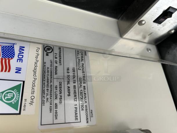 Federal Industries LPRSS3 Low Profile Air Curtain Merchandiser label; features 120 volts, 60 hertz, 16 amps, R404A refrigerant.