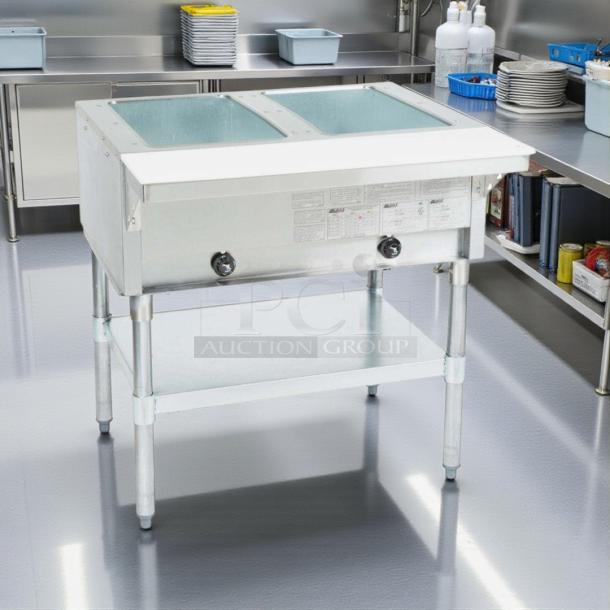 Eagle Group HT2 steam table, excellent condition, natural gas, 7000 BTU, two pan capacity, tested and working, visible control knobs.