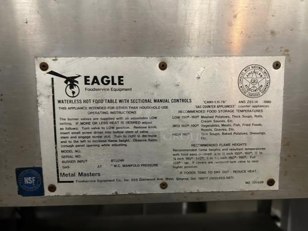 Eagle Group HT2 steam table label detailing model, instructions, and compliance info. Excellent condition; 7000 BTU.