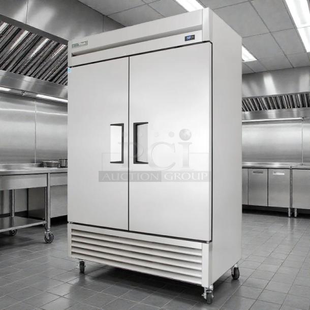 True TS-49-HC reach-in refrigerator, two-section, 54 1/10", solid doors, stainless steel, tested and working condition.