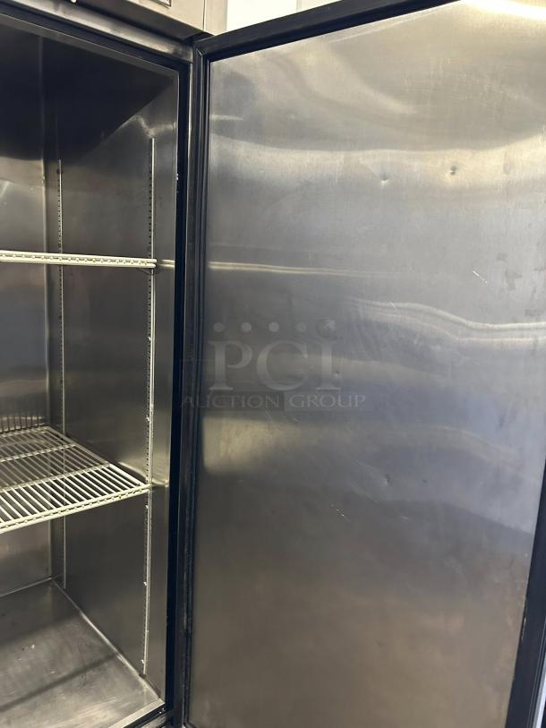 True TS-49-HC refrigerator, two-section, stainless steel interior, solid left/right hinge doors, tested and working.