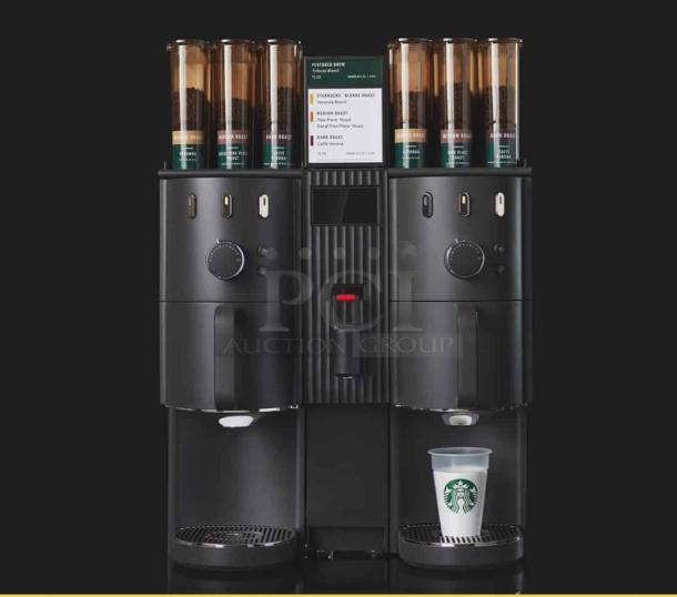 Rare Starbucks Clover Vertica On-Demand Brewer, 220v-240v, tested & working, with bean hoppers and Starbucks cup.