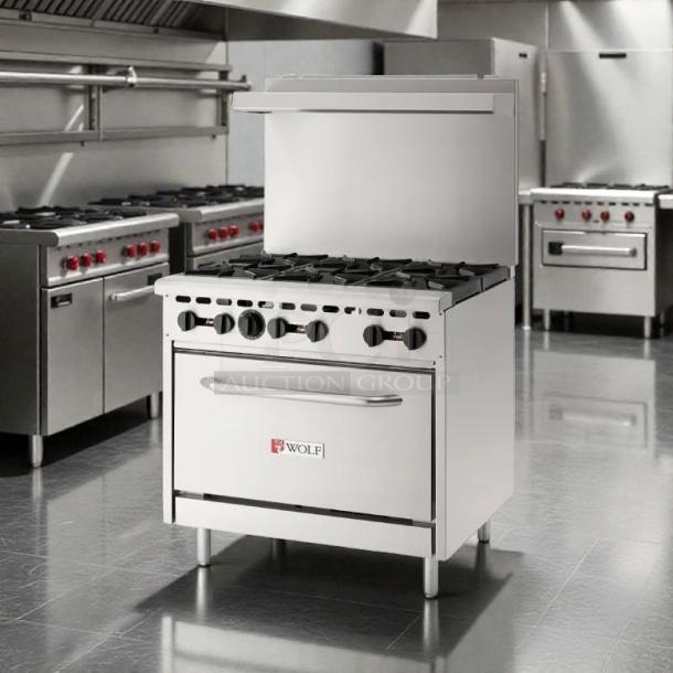 Wolf WX36-6BP 36" gas range with 6 burners and standard oven, in great condition. Tested and working.