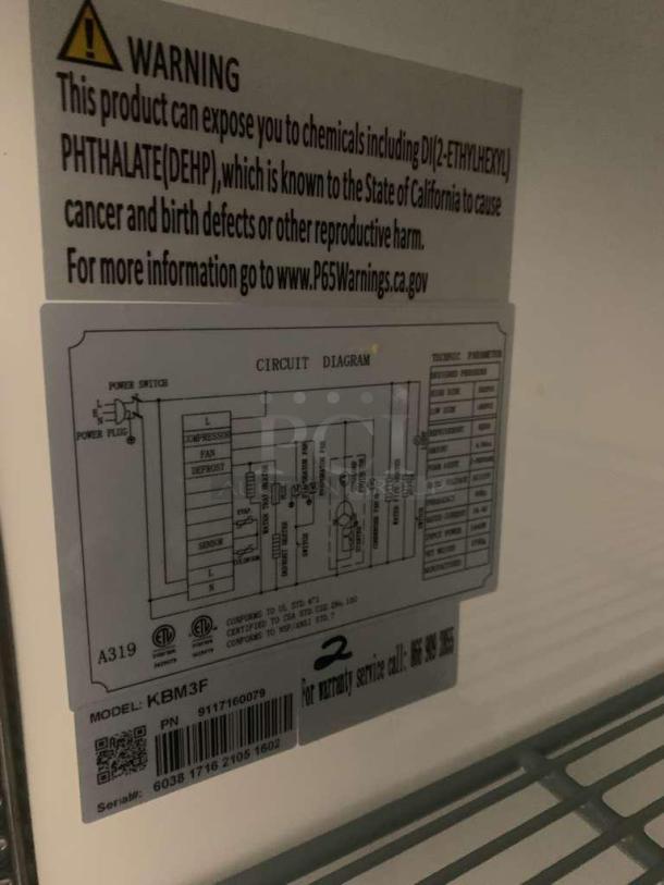 Superb condition Kool-It KBM3F triple door commercial refrigerator. Includes circuit diagram and safety warning label. Model and serial numbers visible.