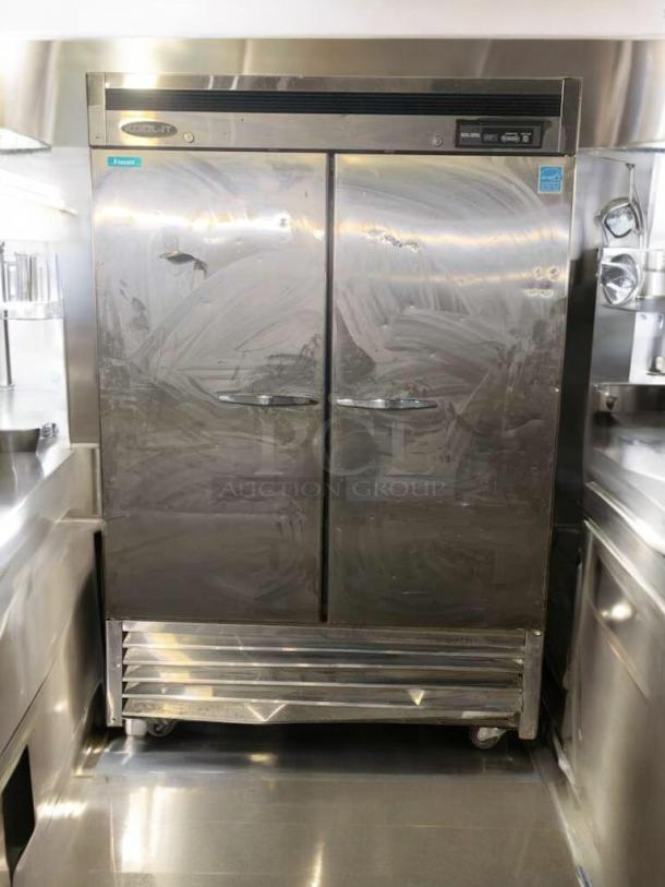 KOOL-IT KBF-2 commercial double door freezer, stainless steel, 115V, great condition, tested, MVP Group Corp branding.