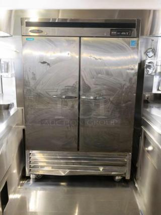 KOOL-IT KBF-2 commercial double door freezer, stainless steel, 115V, great condition, tested, MVP Group Corp branding.
