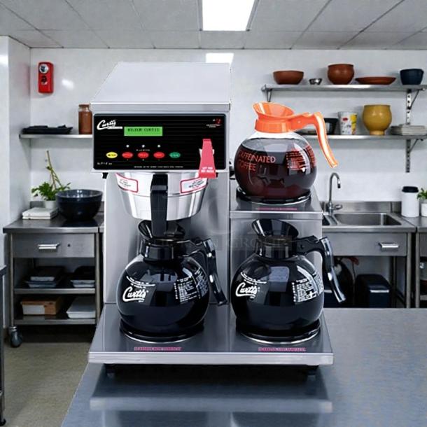 Curtis ALP3GTR63A000 medium volume coffee maker, tested and working, with three glass decanters.