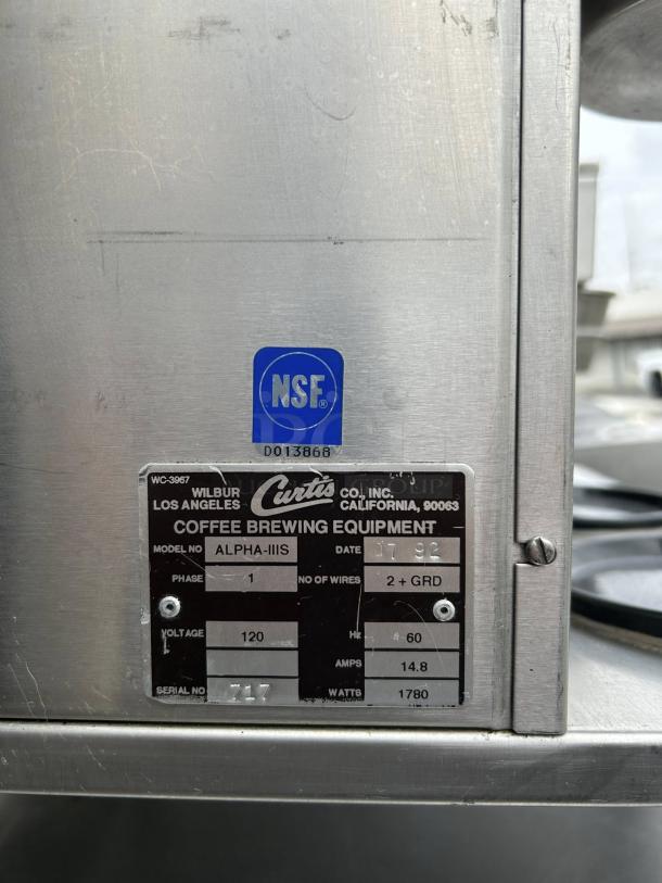 Curtis ALP3GTR63A000 coffee maker, medium volume, tested working. Features NSF sticker and equipment label with specs.