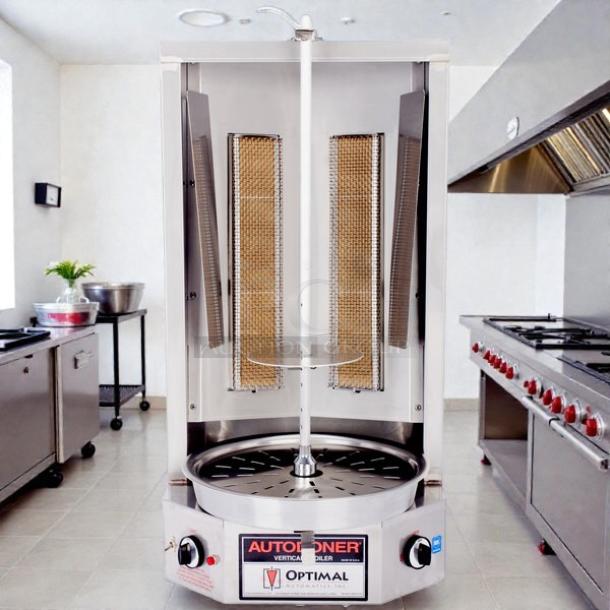 Optimal Automatics 3PG Autodoner Vertical Broiler, natural gas, 65 lb. capacity, tested and working, in excellent condition.