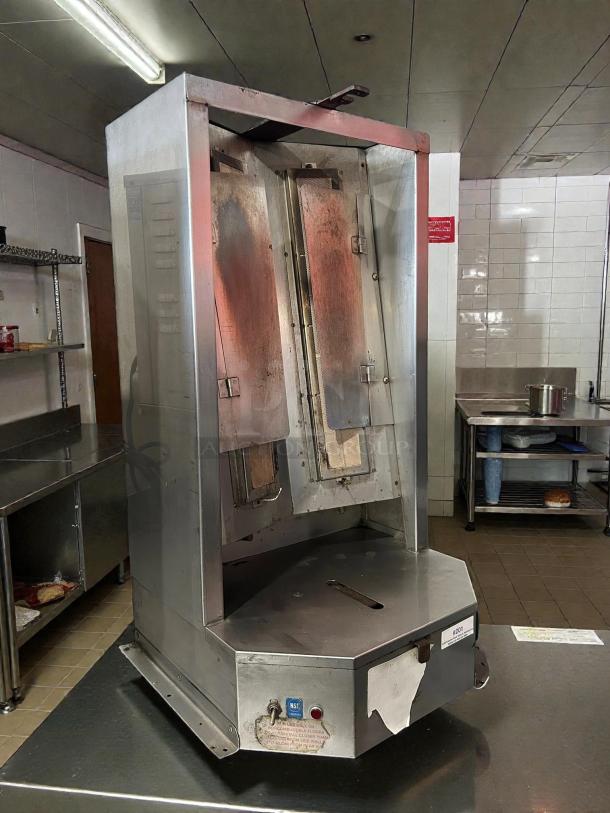 Optimal Automatics 3PG Autodoner vertical broiler, natural gas, 65 lb. capacity. Tested, working, sturdy condition, NSF certified.