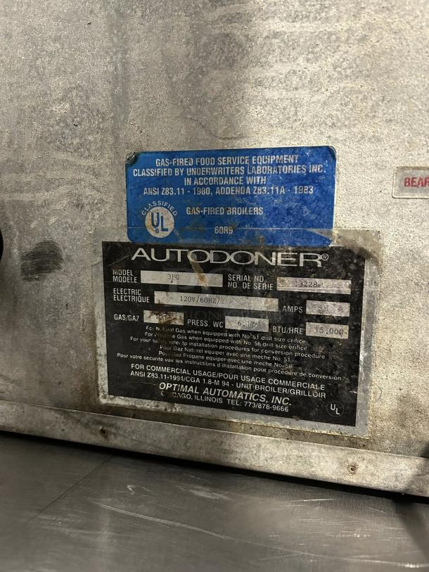 Optimal Automatics 3PG Autodoner vertical broiler, natural gas, 65 lb. capacity, labeled, tested, working condition.