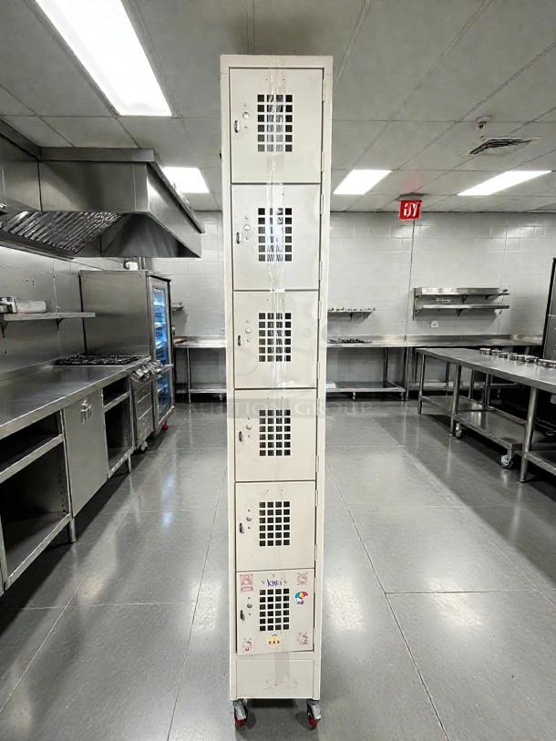 GSW USA EL-6DR 12" 6-tier beige lockers, great condition, powder-coated, tested, with caster wheels, visible stickers.