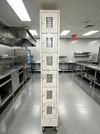 GSW USA EL-6DR 12" 6-tier beige lockers, great condition, powder-coated, tested, with caster wheels, visible stickers.