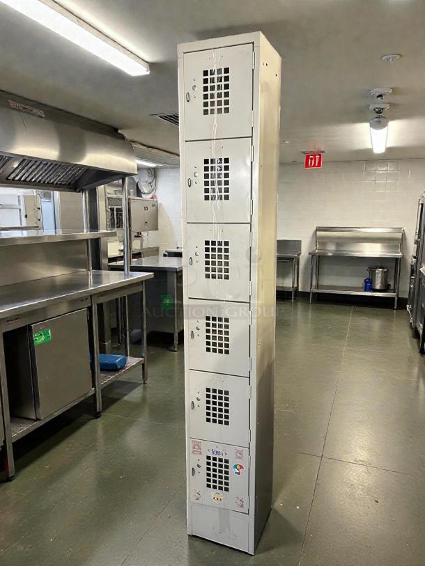 GSW USA EL-6DR 6-tier beige powder-coated locker, great condition, 12" wide, tested and working, visible stickers.