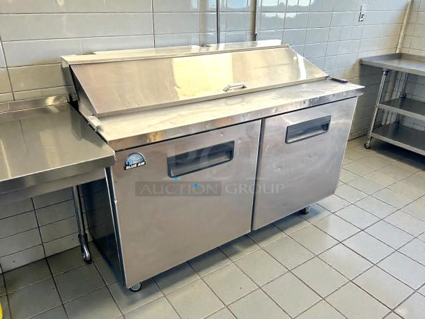 Blue Air BAPT60 two-door stainless steel sandwich prep table refrigerator in excellent condition, tested and working.
