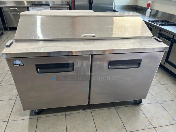 Blue Air BAPT60 two-door sandwich prep table in excellent condition. Stainless steel, tested and working, branded label visible.