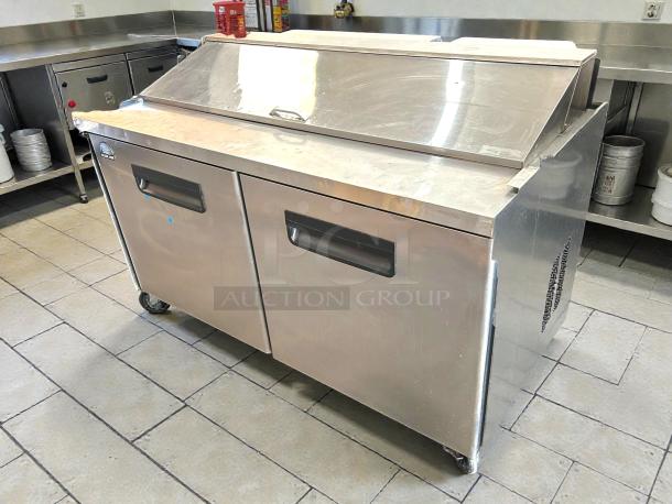 Blue Air BAPT60 2-door sandwich prep table in excellent condition, stainless steel, tested, working, on casters.