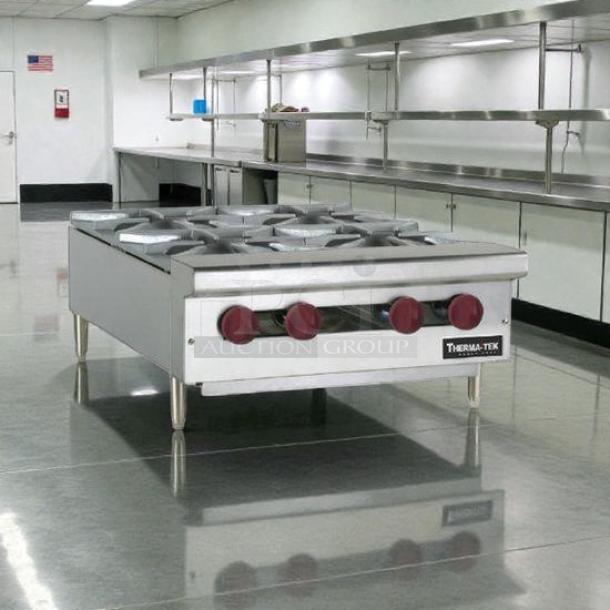 Therma-Tek TCHP24-4-LP 24" propane hot plate with four burners, silver, tested, working, excellent condition.