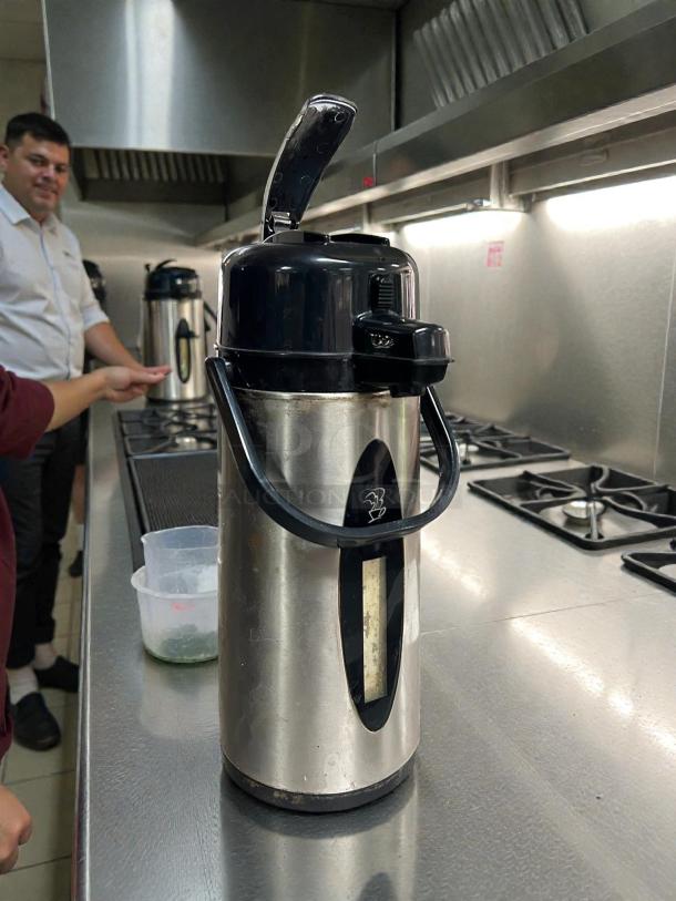 Newco KKSG 121282 airpot brewer in excellent condition, stainless steel finish, tested and working. Lever lid shown.