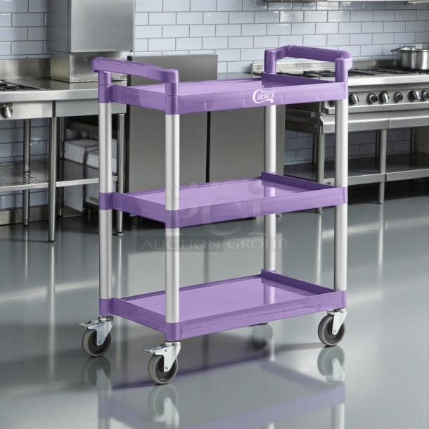 Choice purple utility cart, new in box, unassembled. Two shelves, 42" x 20". Durable with wheels, ideal for bussing tasks.