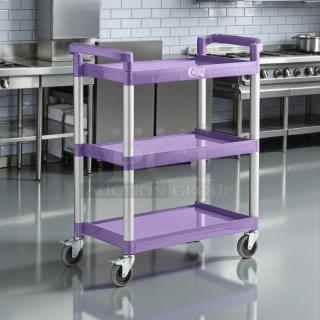 Choice purple utility cart, new in box, unassembled. Two shelves, 42" x 20". Durable with wheels, ideal for bussing tasks.
